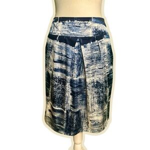 Calvin Klein Blue & White Abstract Brushstroke Print Jersey Knit Pleated Skirt S